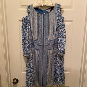 Dress, Casual, cold shoulder, Long Sleeves, Knee Length, Blue & White, Size 4